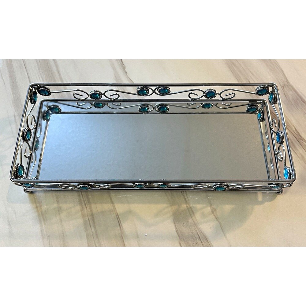 Mirrored Chrome Serving Tray Vanity Rectangle Metal & Glass, Silver/Blue Accents